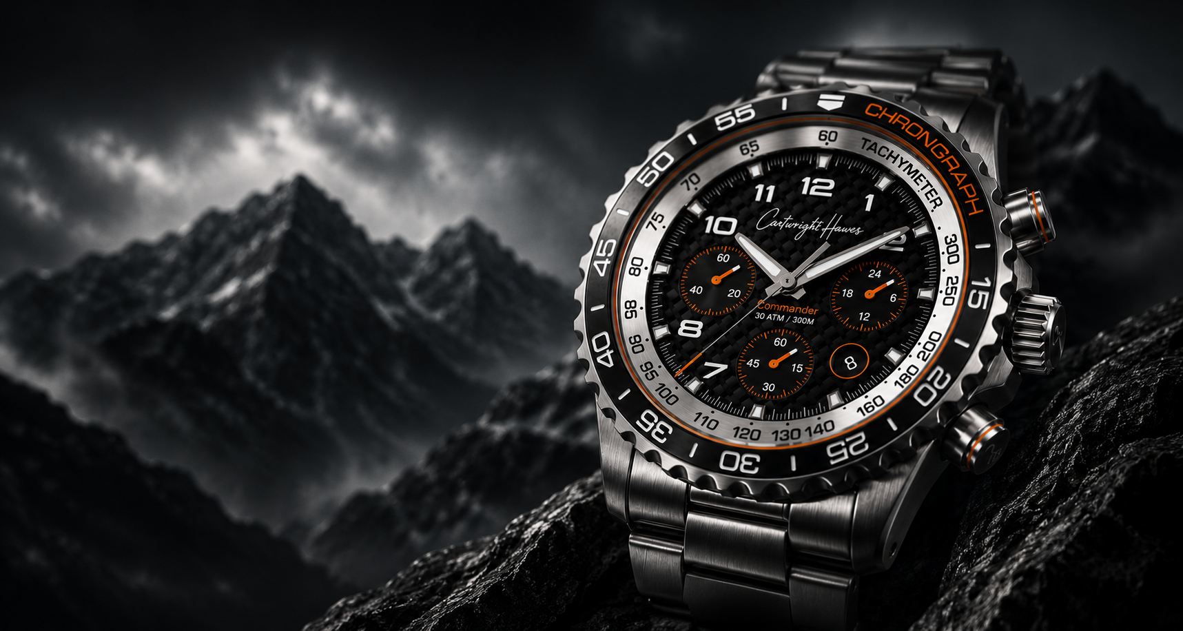 Close-up of Commander orange chronograph