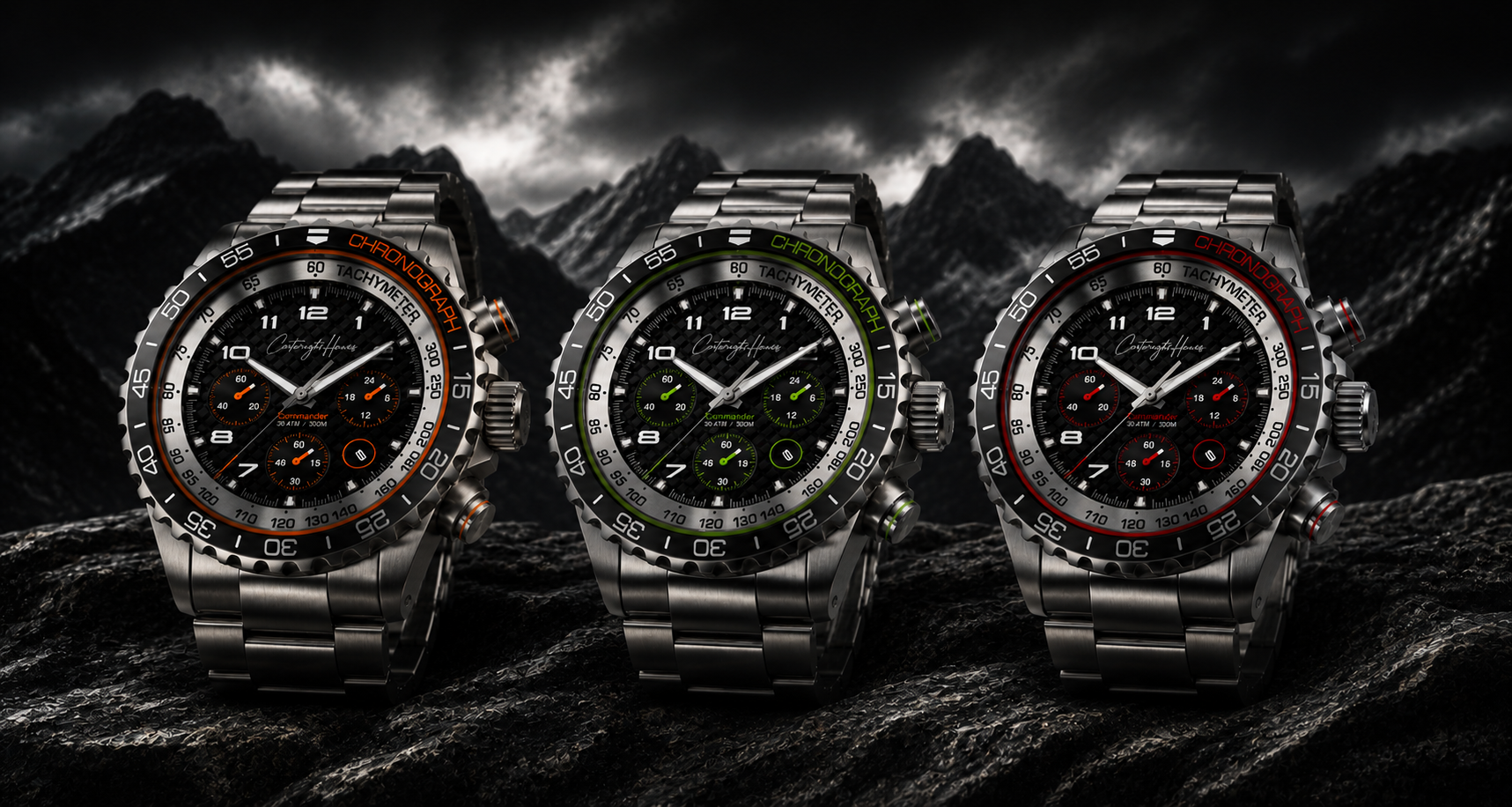 Commander chronographs in orange, green and red
